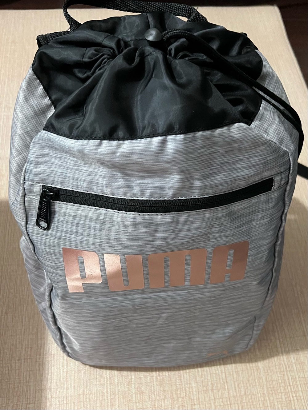 Puma Gray Heather Drawstring Backpack with Rose Gold Logo